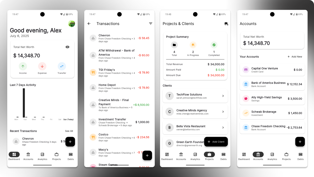 Moniva app dashboard showing financial analytics and project tracking